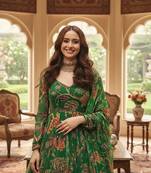 Mahendi Green Full Flared Printed Anarkali With Dupatta  set of 2 pc 