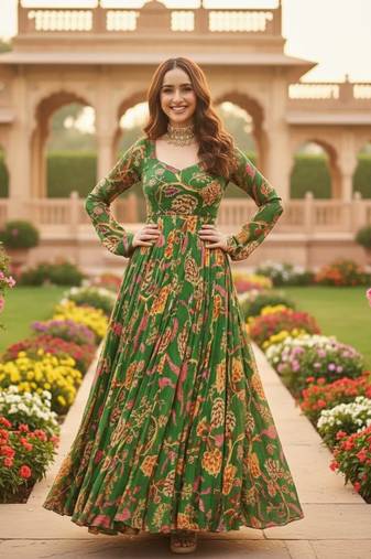 Mahendi Green Full Flared Printed Anarkali With Dupatta  set of 2 pc 