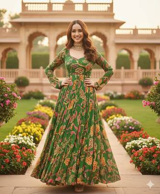 Mahendi Green Full Flared Printed Anarkali With Dupatta  set of 2 pc  1