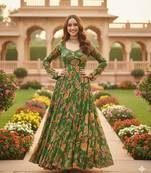 Mahendi Green Full Flared Printed Anarkali With Dupatta  set of 2 pc 