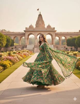 Mahendi Green Full Flared Printed Anarkali With Dupatta  set of 2 pc  3