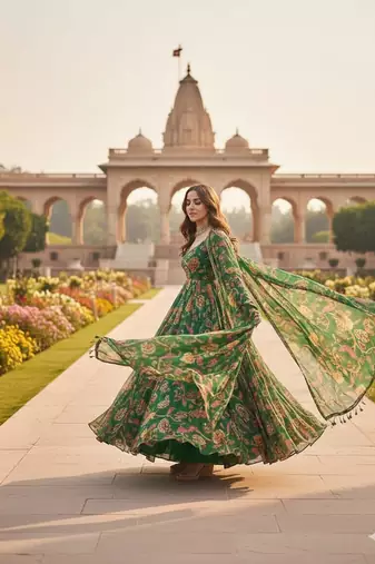 Mahendi Green Full Flared Printed Anarkali With Dupatta  set of 2 pc 