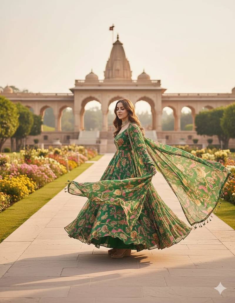 Mahendi Green Full Flared Printed Anarkali With Dupatta  set of 2 pc 