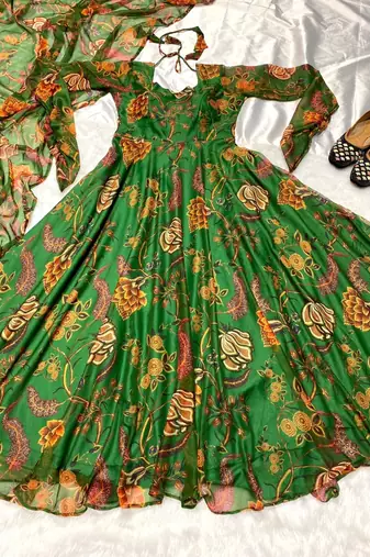 Mahendi Green Full Flared Printed Anarkali With Dupatta  set of 2 pc 