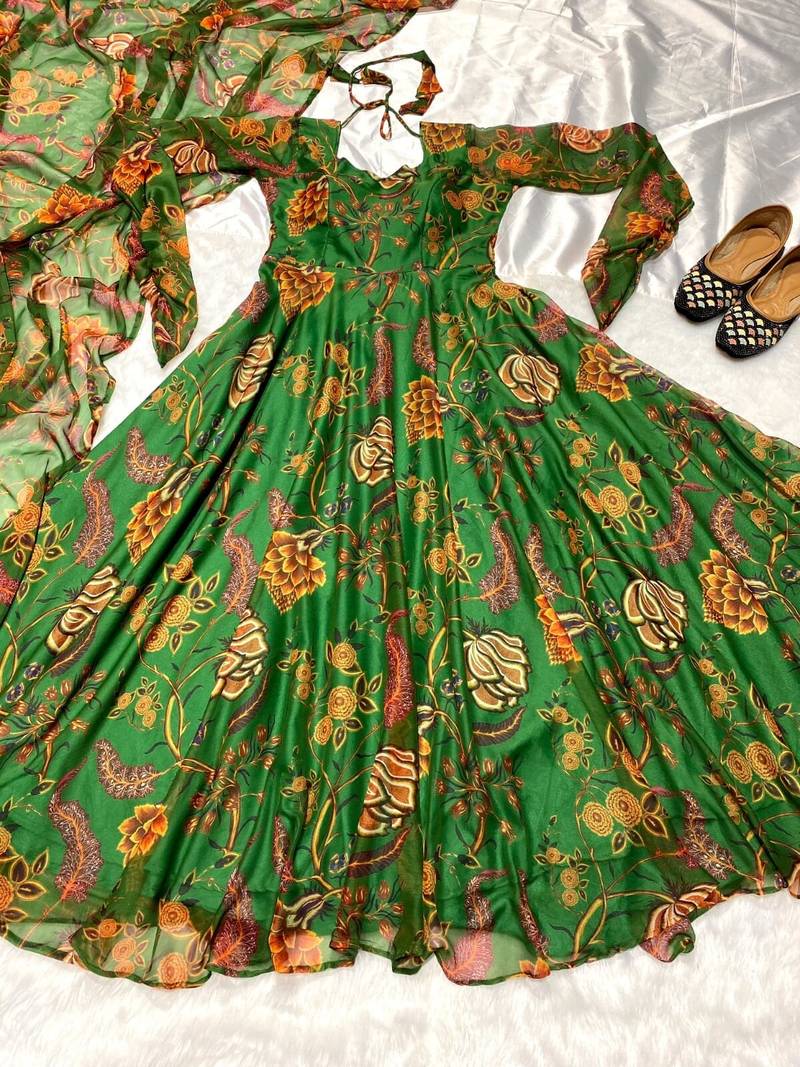 Mahendi Green Full Flared Printed Anarkali With Dupatta  set of 2 pc 