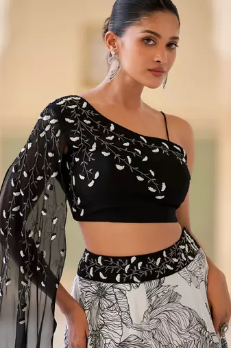 Cream Chiffon Embroidered Lehenga Set
