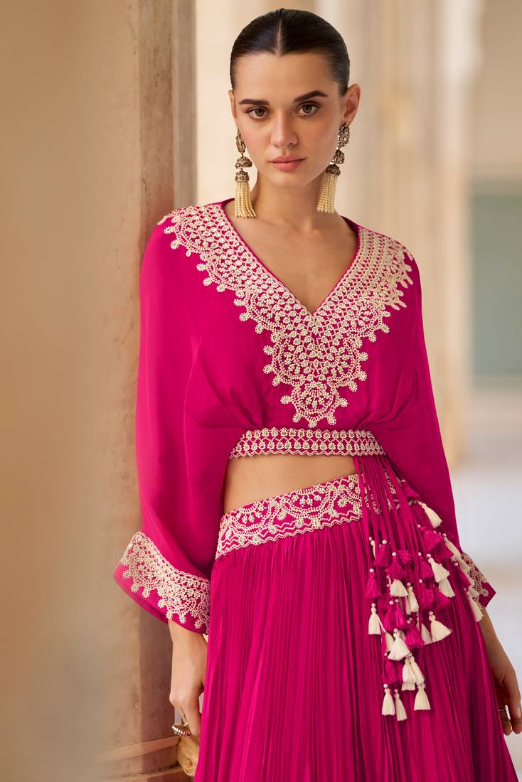 Pink Chiffon Embroidered Lehenga Set