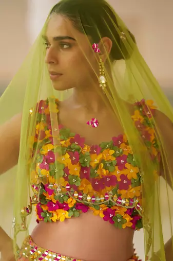 Multicolor Chiffon Embroidered Lehenga Set