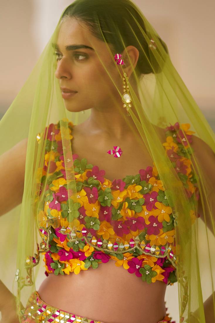 Multicolor Chiffon Embroidered Lehenga Set