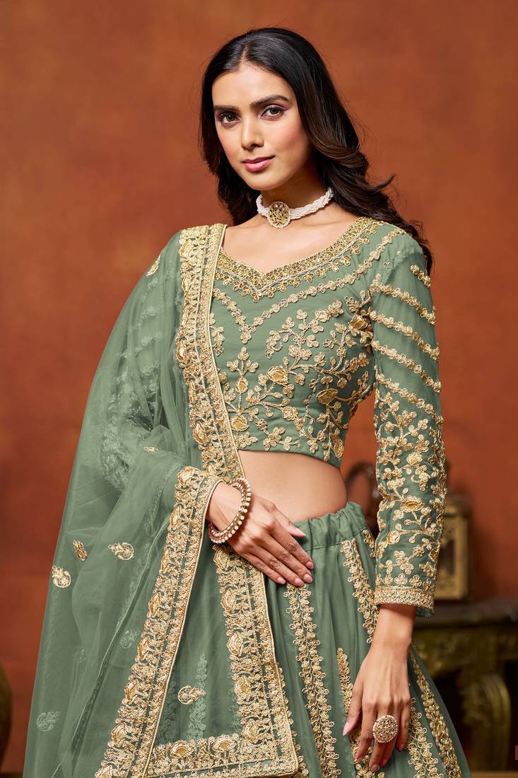 Light Green Net Embroidered Lehenga Set