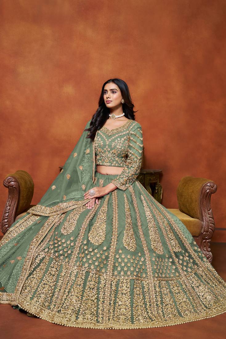 Light Green Net Embroidered Lehenga Set