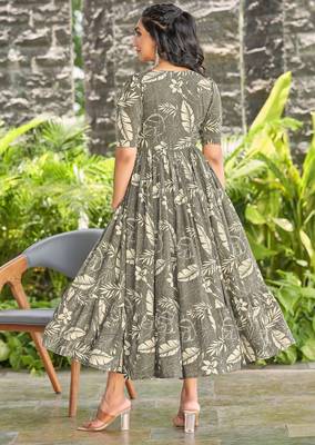 Women grey all-over floral print rayon fit & flare maxi dress 2