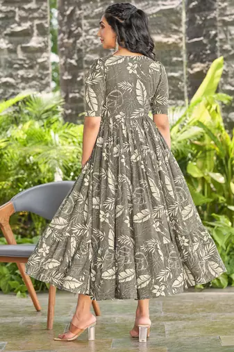 Women grey all-over floral print rayon fit & flare maxi dress