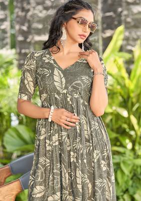 Women grey all-over floral print rayon fit & flare maxi dress 4