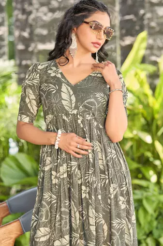 Women grey all-over floral print rayon fit & flare maxi dress