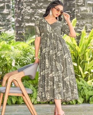 Women grey all-over floral print rayon fit & flare maxi dress 5
