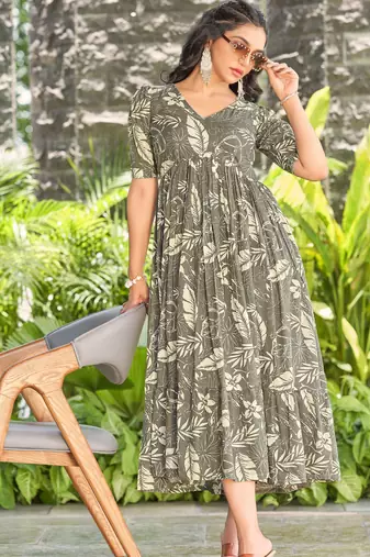 Women grey all-over floral print rayon fit & flare maxi dress