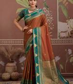 Rust tussar silk handloom weaving temple border saree