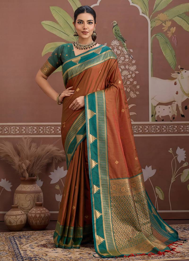Rust tussar silk handloom weaving temple border saree