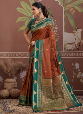 Rust tussar silk handloom weaving temple border saree 2