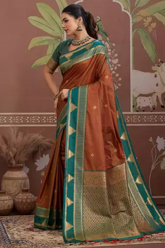 Rust tussar silk handloom weaving temple border saree