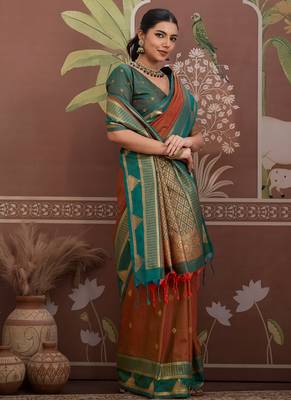 Rust tussar silk handloom weaving temple border saree 3