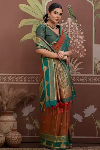 Rust tussar silk handloom weaving temple border saree