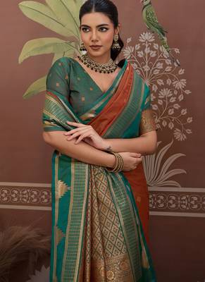 Rust tussar silk handloom weaving temple border saree 4