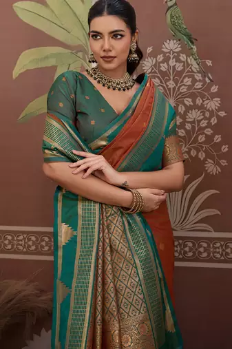 Rust tussar silk handloom weaving temple border saree