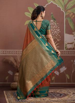 Rust tussar silk handloom weaving temple border saree 5