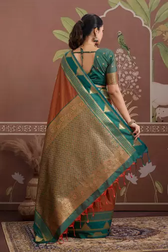 Rust tussar silk handloom weaving temple border saree