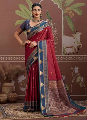 Maroon  tussar silk handloom weaving temple border saree 1