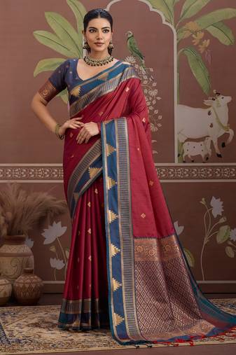Maroon  tussar silk handloom weaving temple border saree
