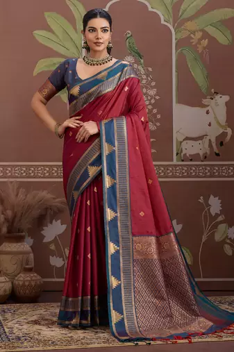 Maroon  tussar silk handloom weaving temple border saree