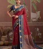 Maroon  tussar silk handloom weaving temple border saree