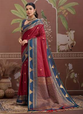 Maroon  tussar silk handloom weaving temple border saree 2