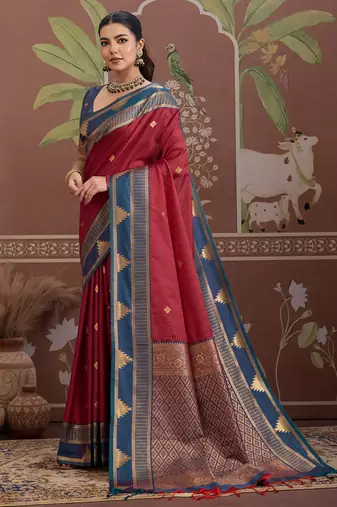 Maroon  tussar silk handloom weaving temple border saree