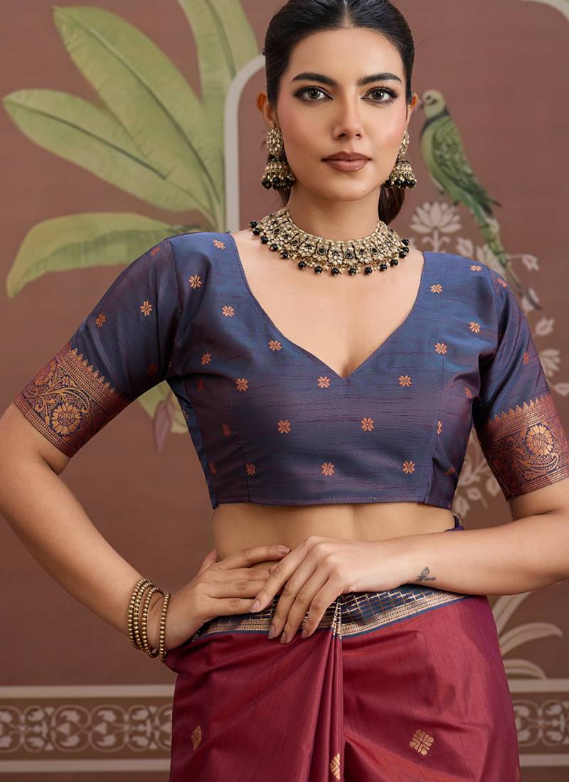 Maroon  tussar silk handloom weaving temple border saree