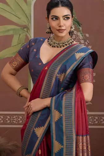 Maroon  tussar silk handloom weaving temple border saree
