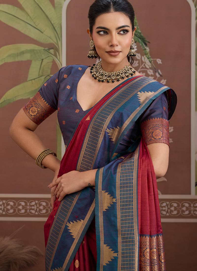 Maroon  tussar silk handloom weaving temple border saree