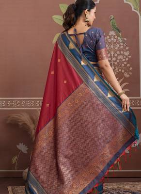 Maroon  tussar silk handloom weaving temple border saree 5