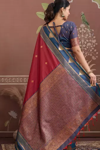 Maroon  tussar silk handloom weaving temple border saree