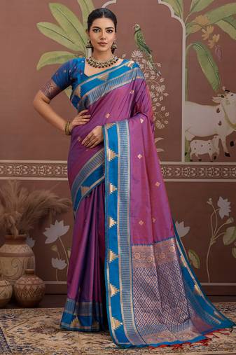 Purple tussar silk handloom weaving temple border saree