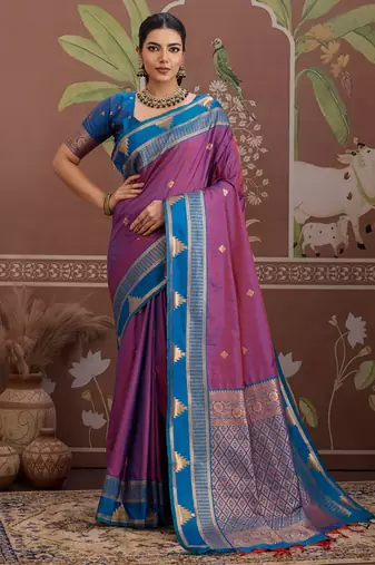 Purple tussar silk handloom weaving temple border saree