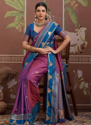 Purple tussar silk handloom weaving temple border saree 2