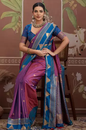 Purple tussar silk handloom weaving temple border saree