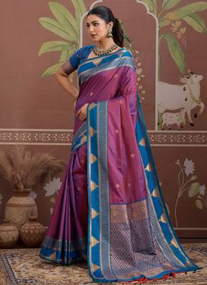 Purple tussar silk handloom weaving temple border saree 3