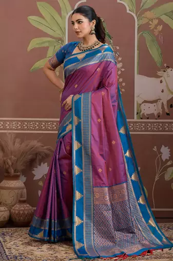 Purple tussar silk handloom weaving temple border saree