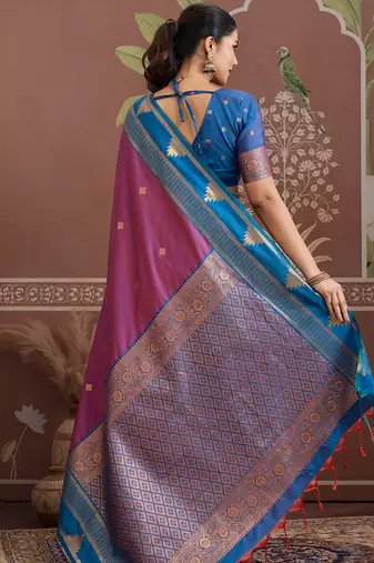 Purple tussar silk handloom weaving temple border saree