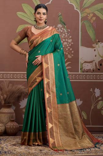 Green tussar silk handloom weaving temple border saree